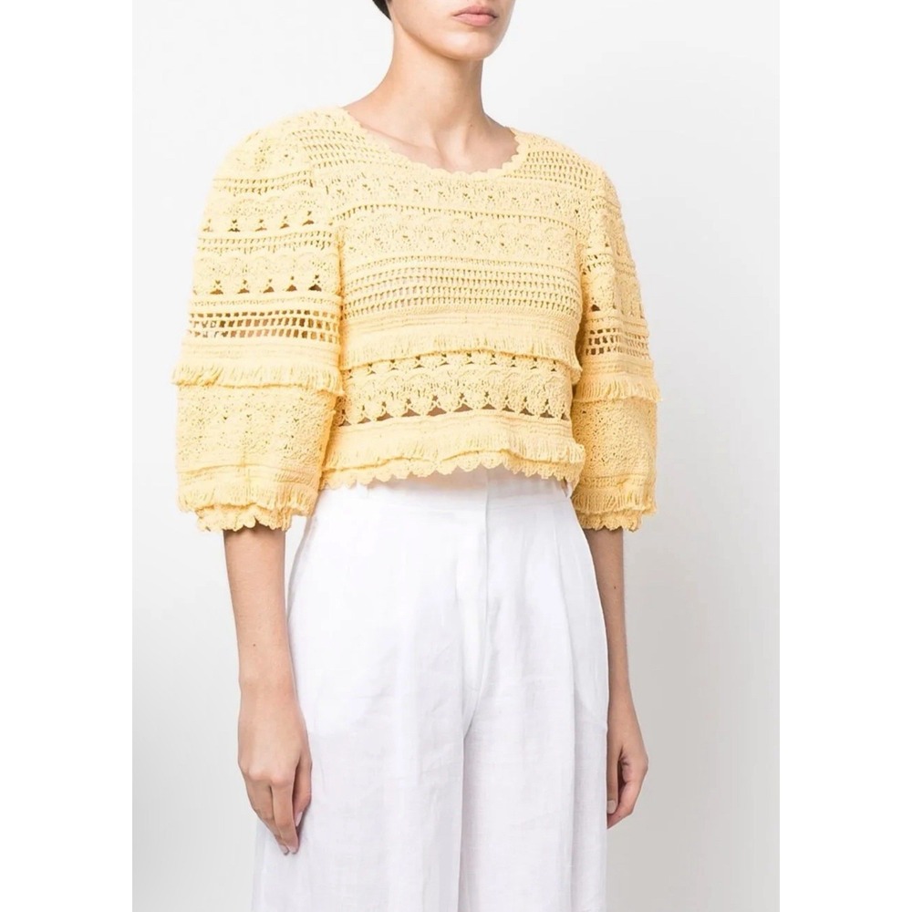 Maje Crochet Knit Top Womens 1 Yellow Boxy Crop Puff Sleeve Fringe Festive Boho